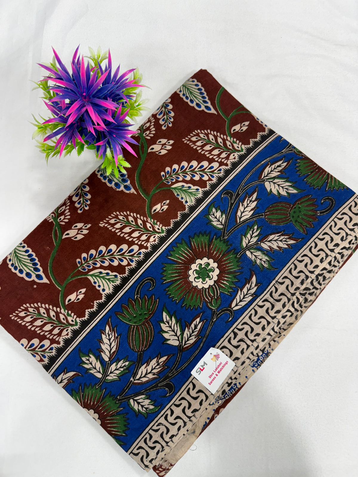 Cotton Saree SLM-CTN-0015 - Maroon and blue with a floral print