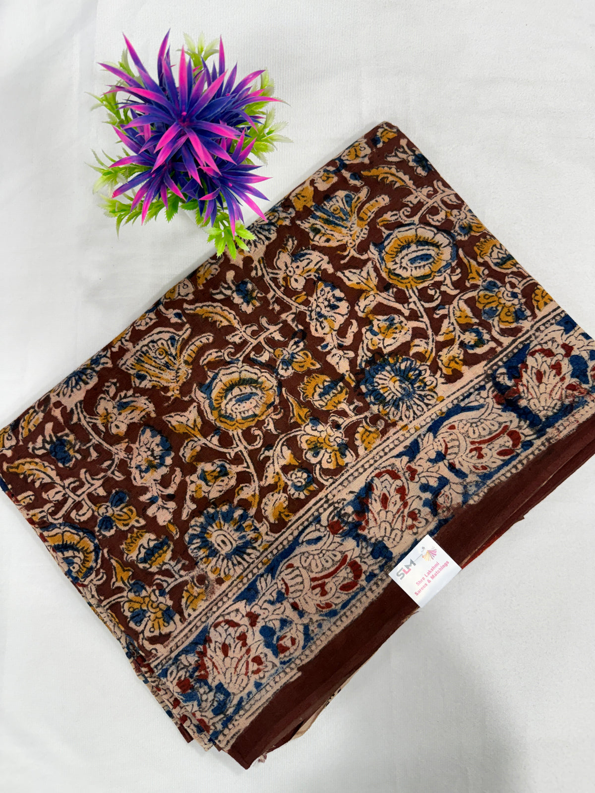 Cotton Saree SLM-CTN-0016 - Brown and navy with a floral print
