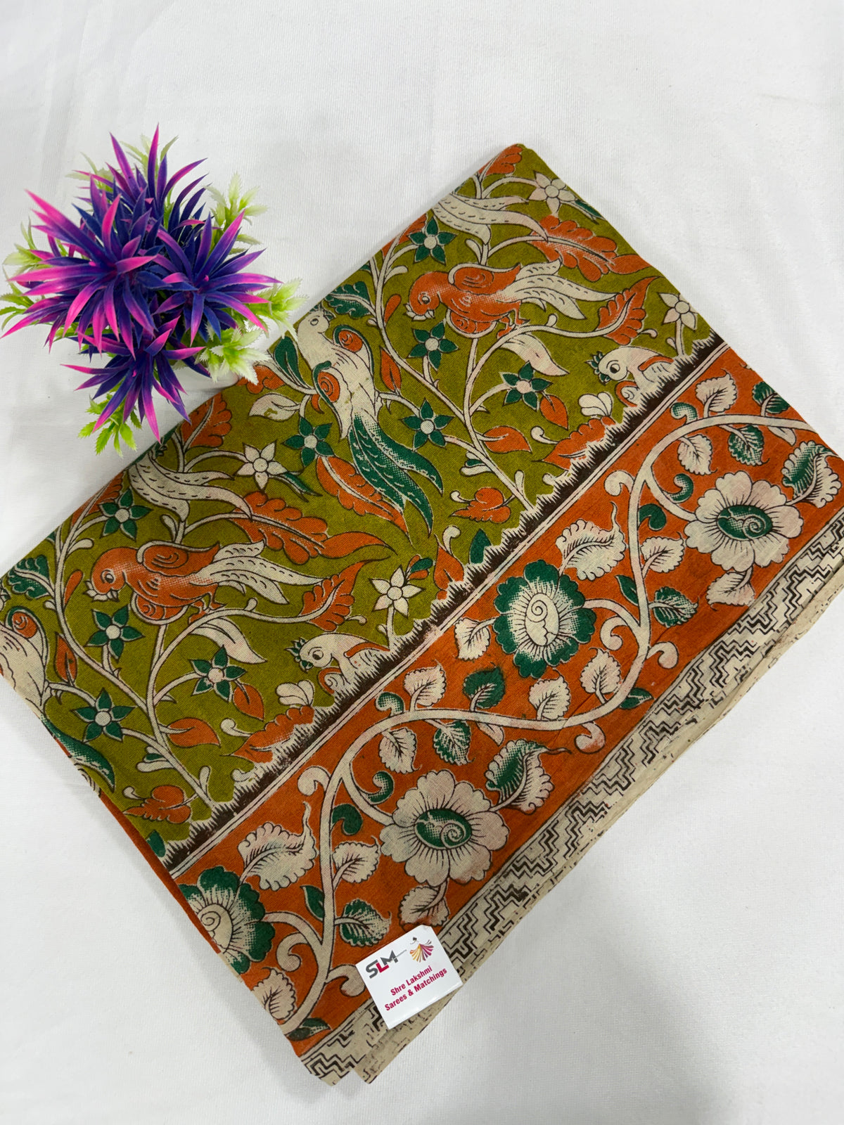 Cotton Saree SLM-CTN-0017 - Olive and orange with a floral print