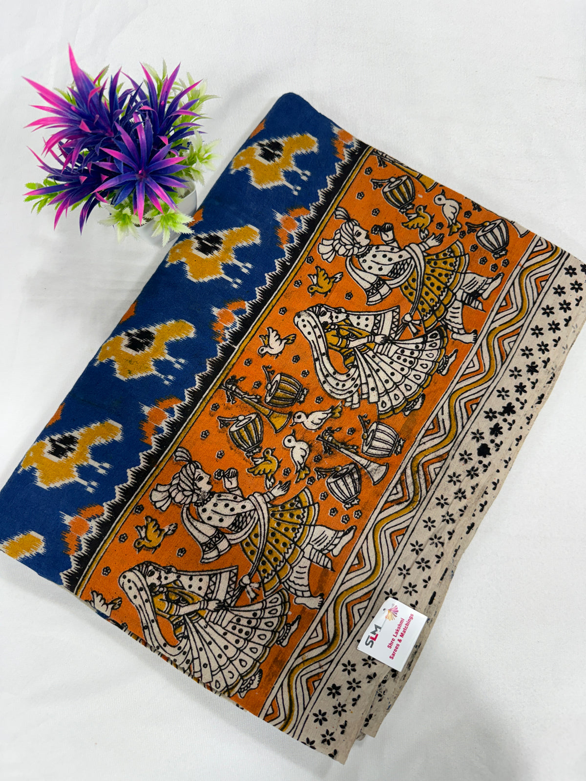 Cotton Saree SLM-CTN-0018 - Orange and blue with a figurative print