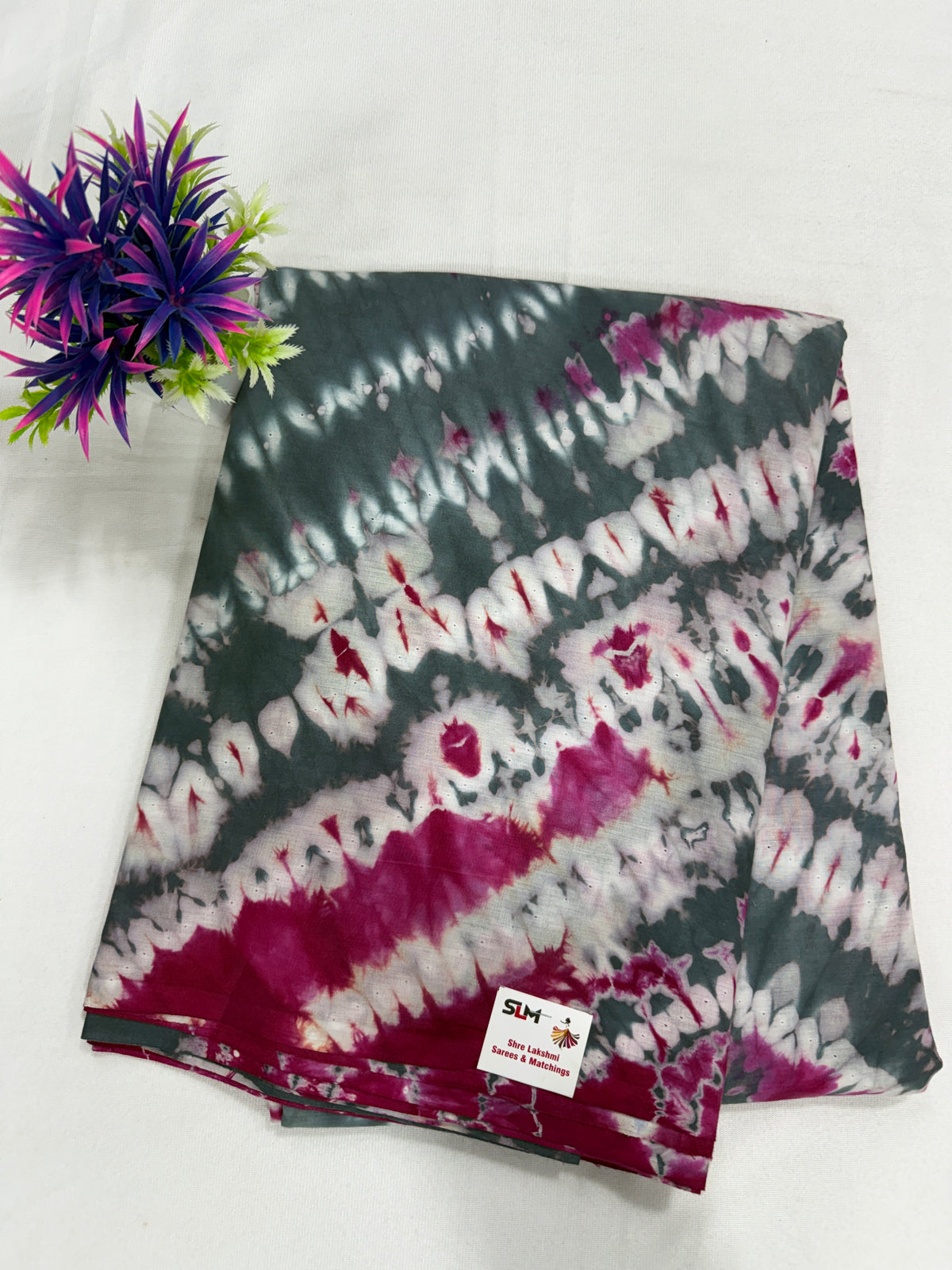 Cotton Saree SLM-CTN-0019 - Grey and magenta tie-dye print