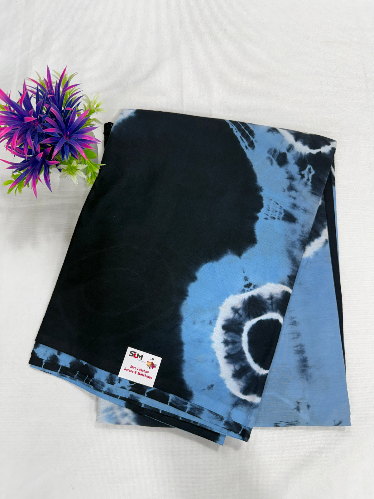 Cotton Saree SLM-CTN-0020 - Black and sky blue tie-dye print