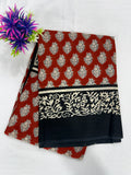 Cotton Saree SLM-CTN-0021 - Brick red with a black and cream border print
