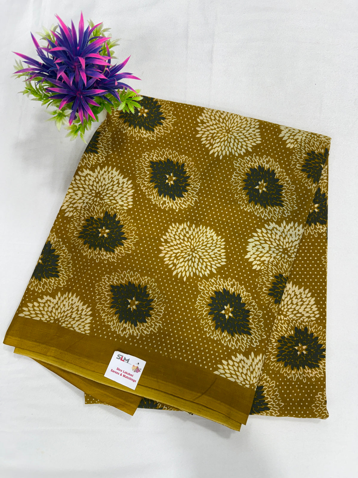 Cotton Saree SLM-CTN-0022 - Mustard olive with a floral print