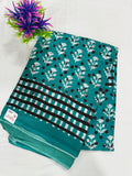 Cotton Saree SLM-CTN-0024 - Teal with a floral print and striped border