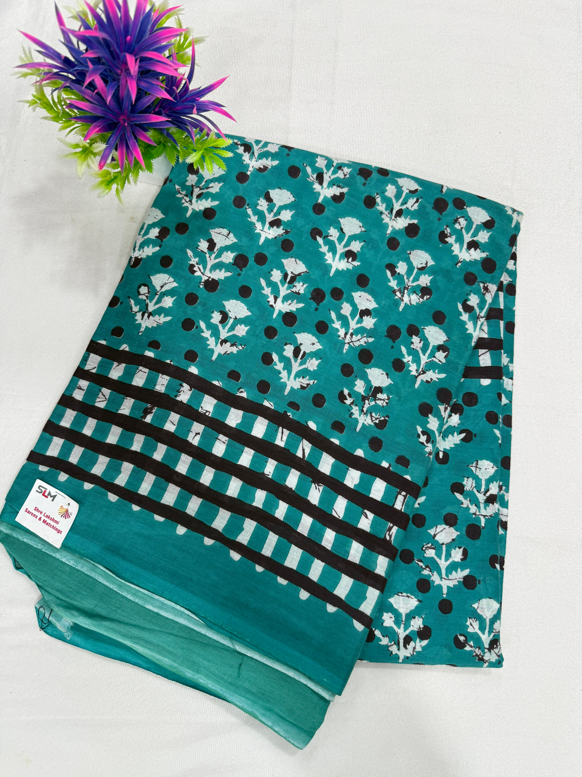 Cotton Saree SLM-CTN-0024 - Teal with a floral print and striped border
