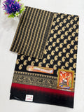 Cotton Saree SLM-CTN-0026 - Black with a gold paisley print and red border