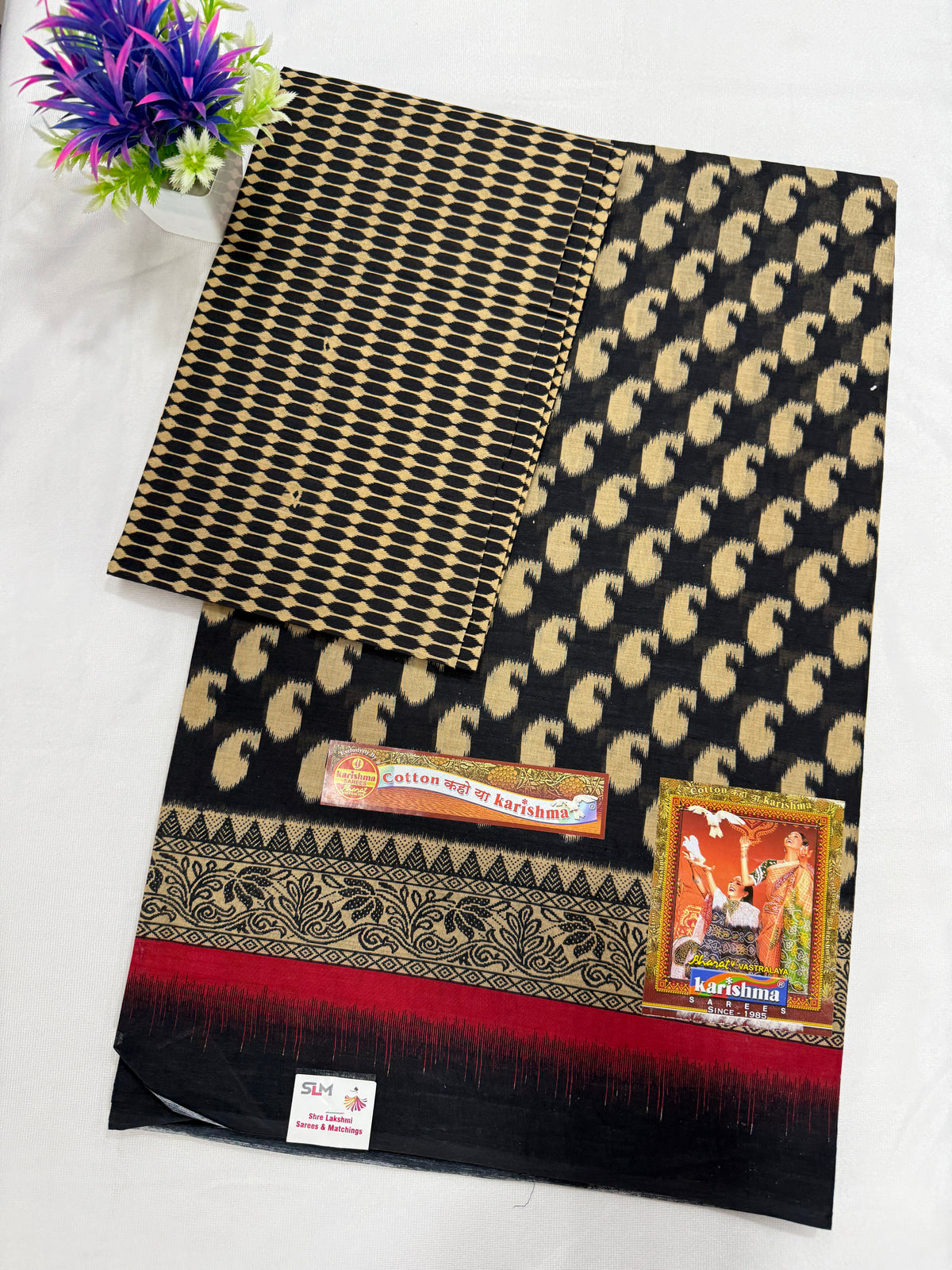 Cotton Saree SLM-CTN-0026 - Black with a gold paisley print and red border