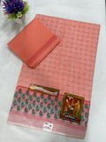 Cotton Saree SLM-CTN-0029 - Peach with a printed pattern and patterned border