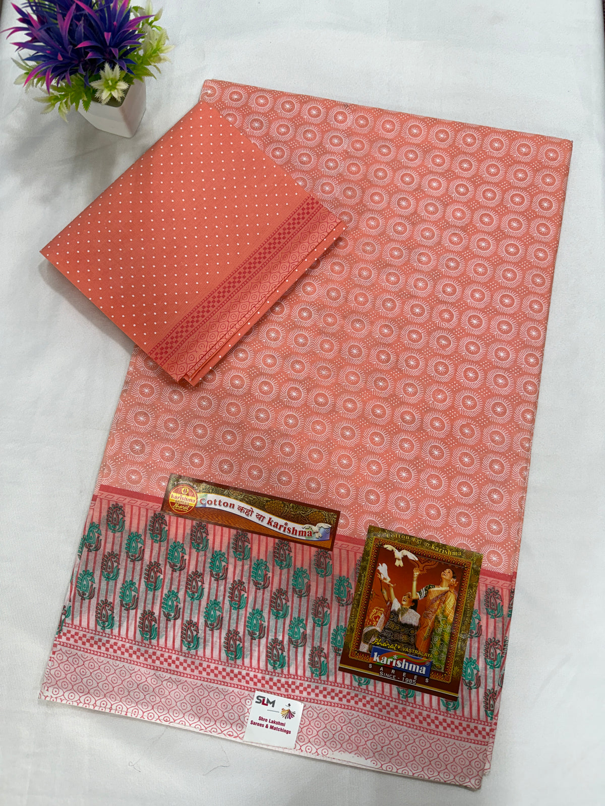 Cotton Saree SLM-CTN-0029 - Peach with a printed pattern and patterned border