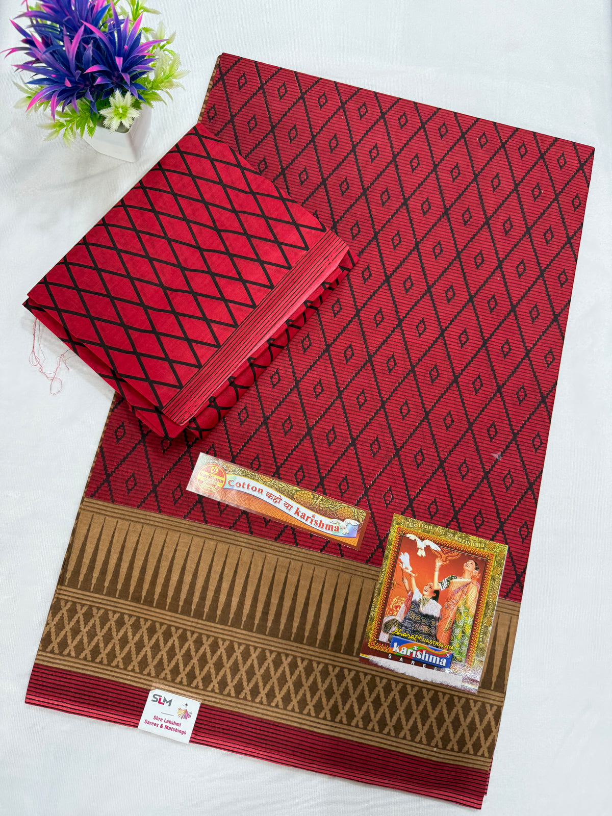 Cotton Saree SLM-CTN-0030 - Red with a lattice print and patterned border