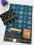 Cotton Saree SLM-CTN-0031 - Teal blue with a geometric print and black blouse