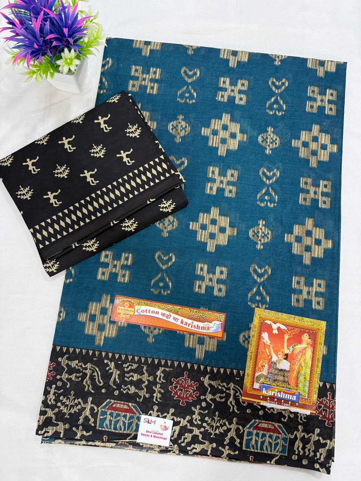 Cotton Saree SLM-CTN-0031 - Teal blue with a geometric print and black blouse