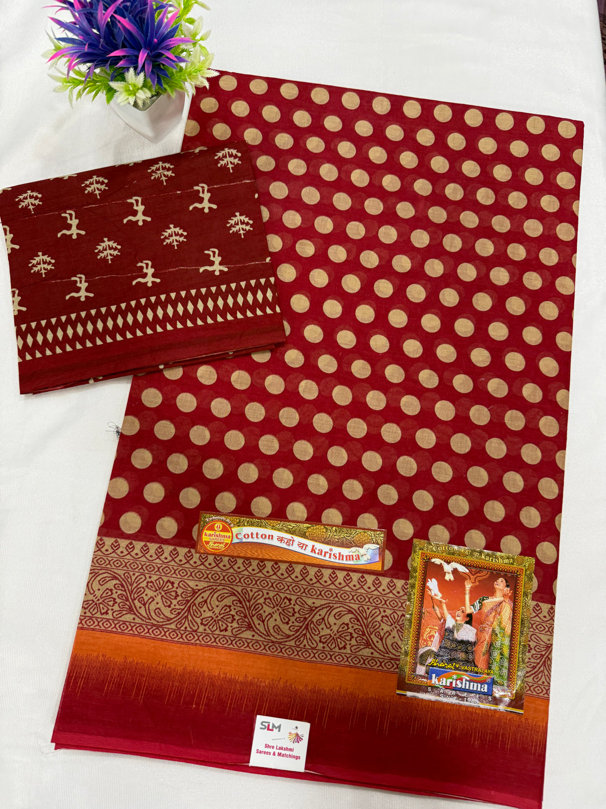 Cotton Saree SLM-CTN-0033 - Maroon red with a polka print