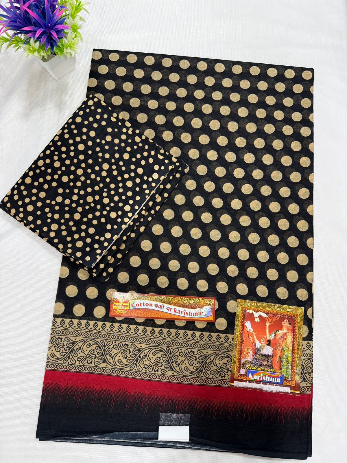 Cotton Saree SLM-CTN-0034 - Black with a gold polka print