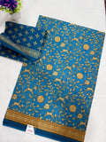 Cotton Saree SLM-CTN-0036 - Blue with a floral vine print and gold border