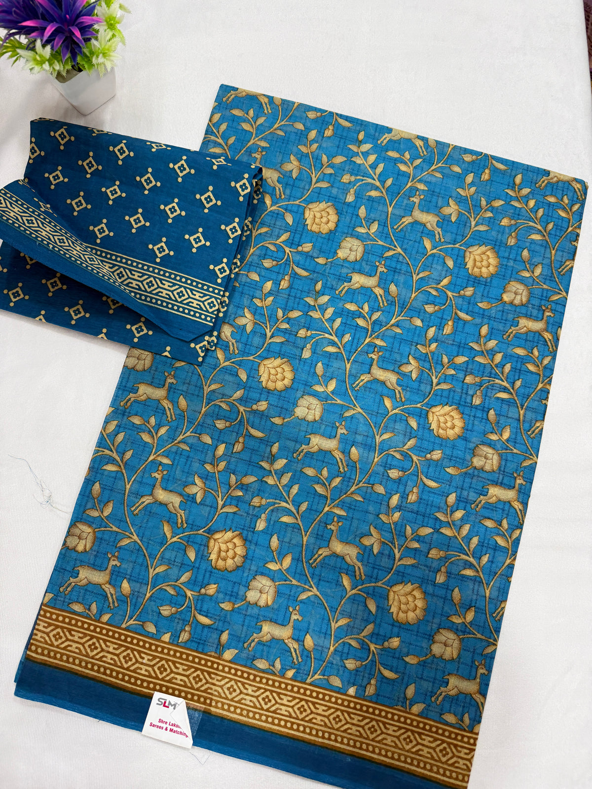 Cotton Saree SLM-CTN-0036 - Blue with a floral vine print and gold border