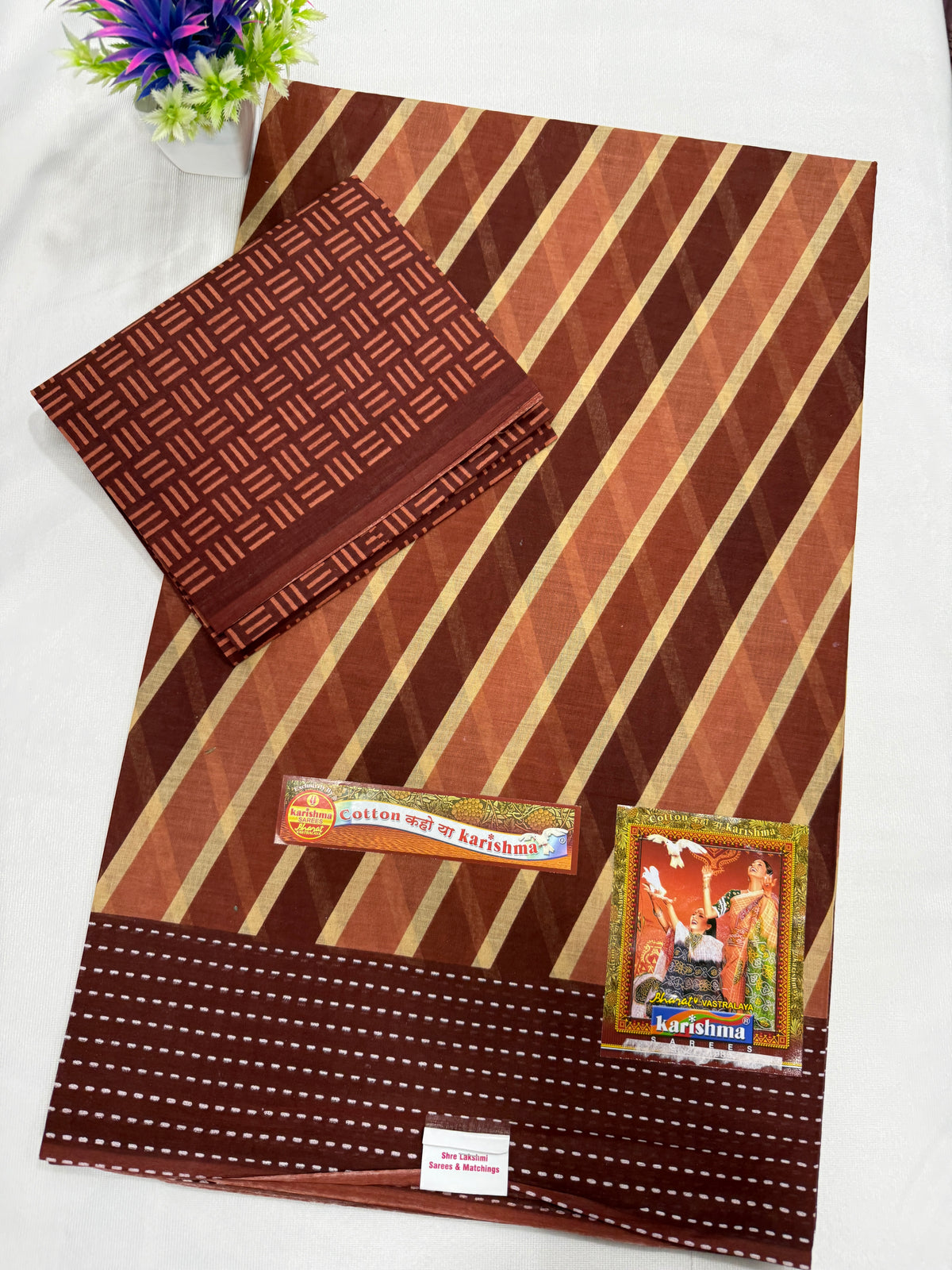Cotton Saree SLM-CTN-0039 - Brown with diagonal stripes