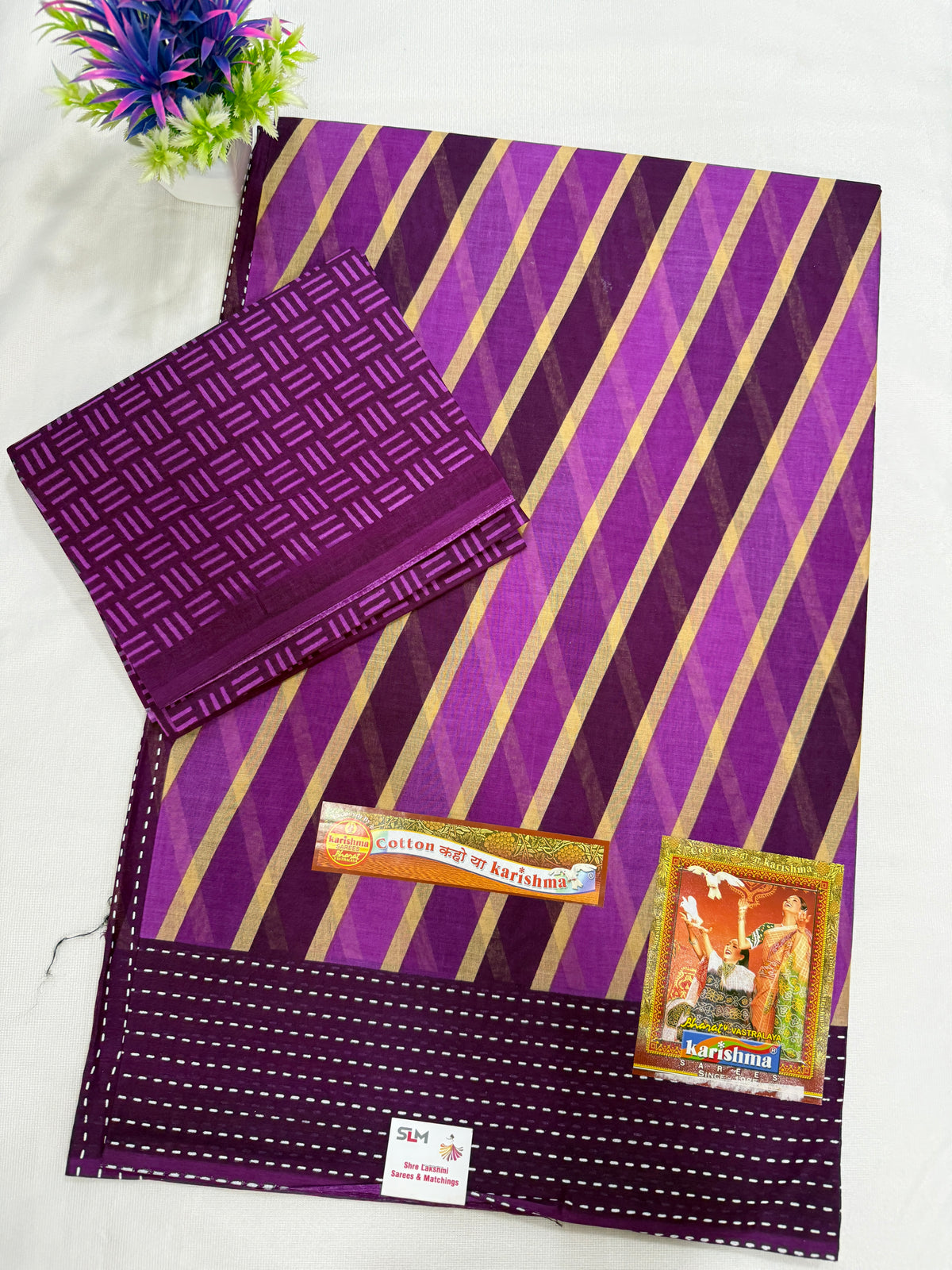Cotton Saree SLM-CTN-0041 - Purple with diagonal stripes