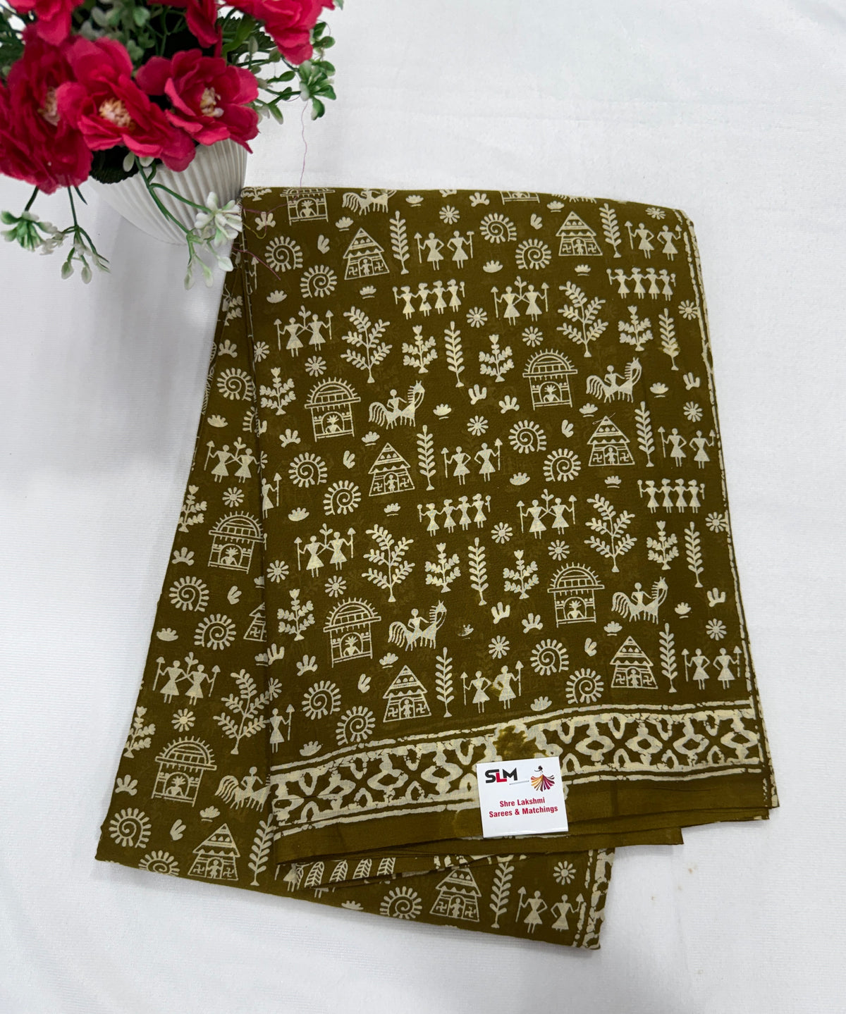 Cotton Saree SLM-CTN-0043 - Olive with a white motif print
