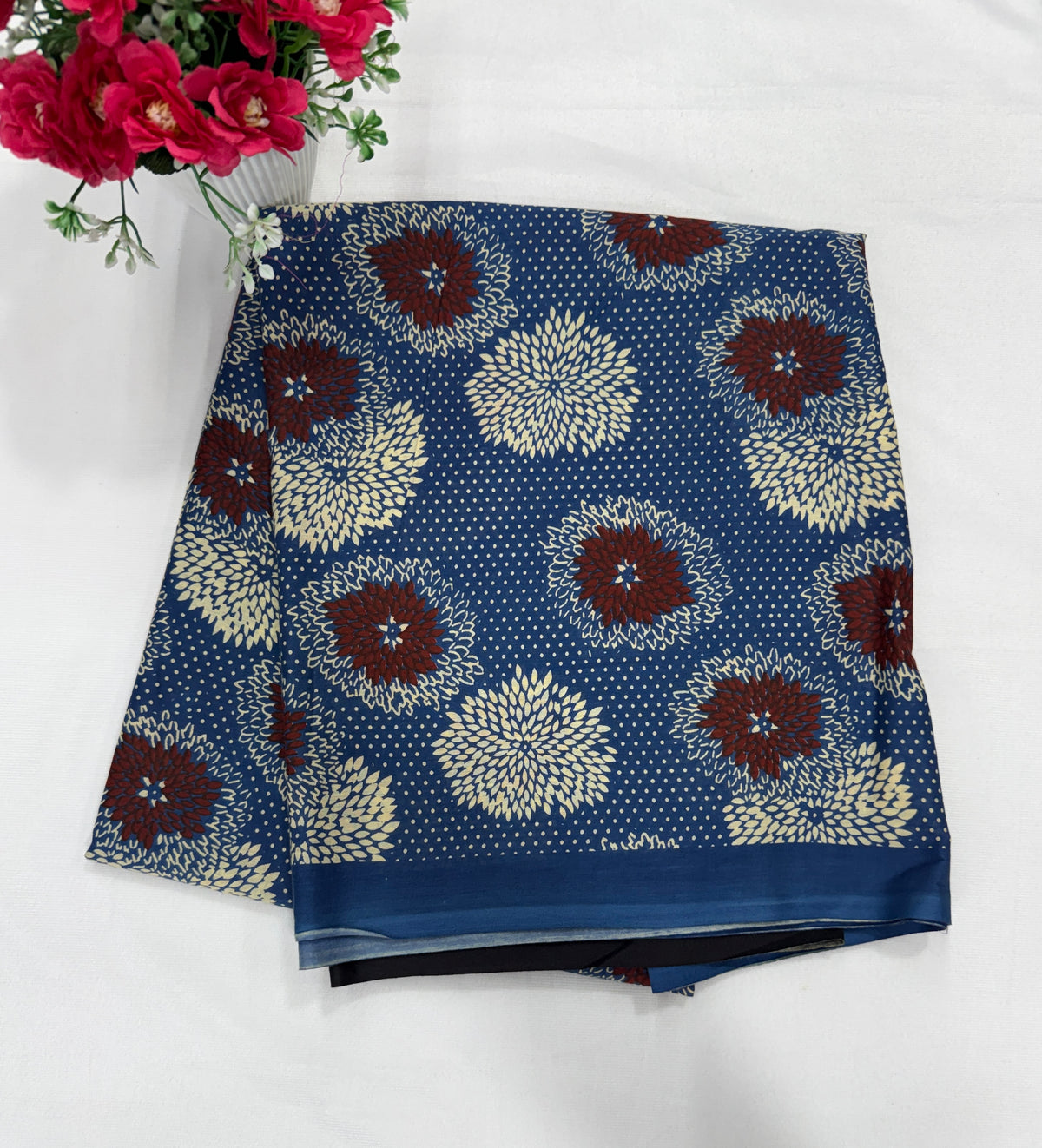 Cotton Saree SLM-CTN-0044 - Blue with a maroon and cream floral print
