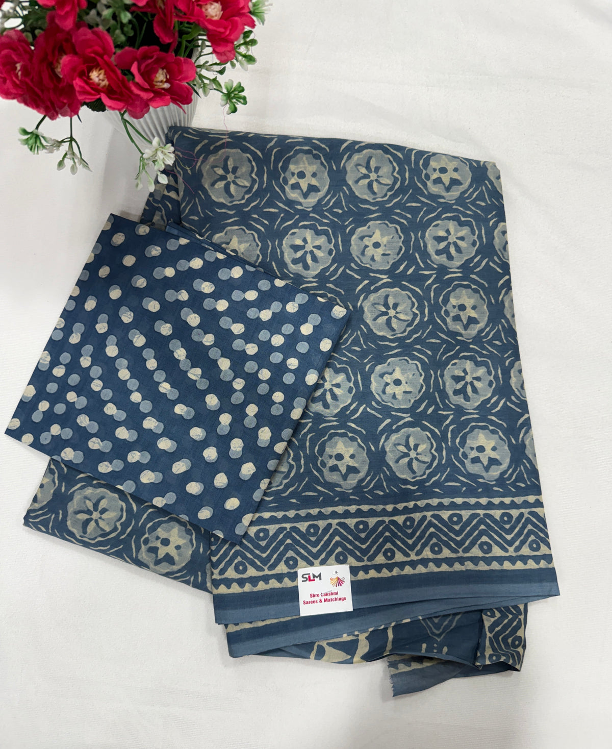 Cotton Saree SLM-CTN-0045 - Grey-blue with a block print