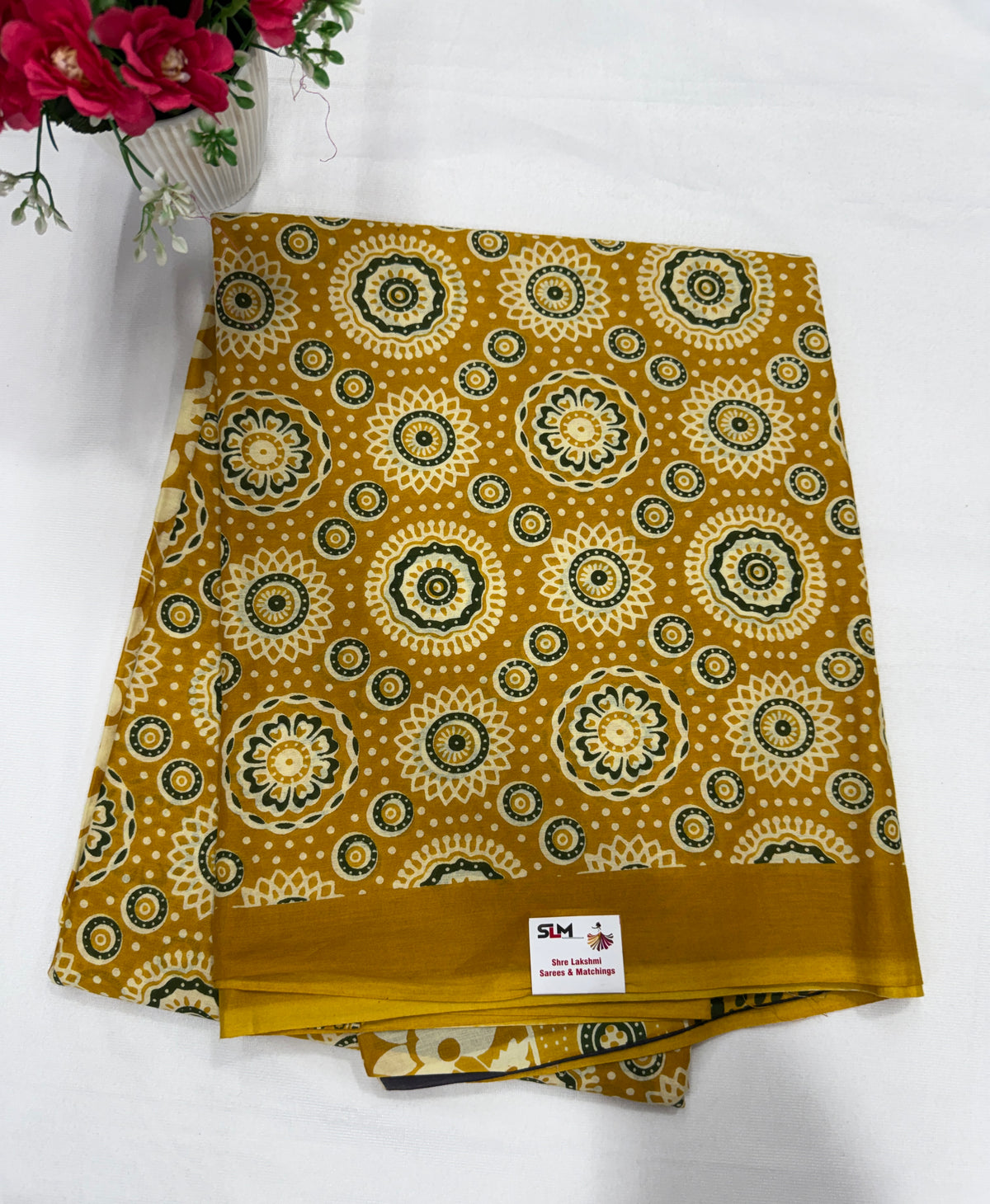 Cotton Saree SLM-CTN-0047 - Mustard with a circular motif print