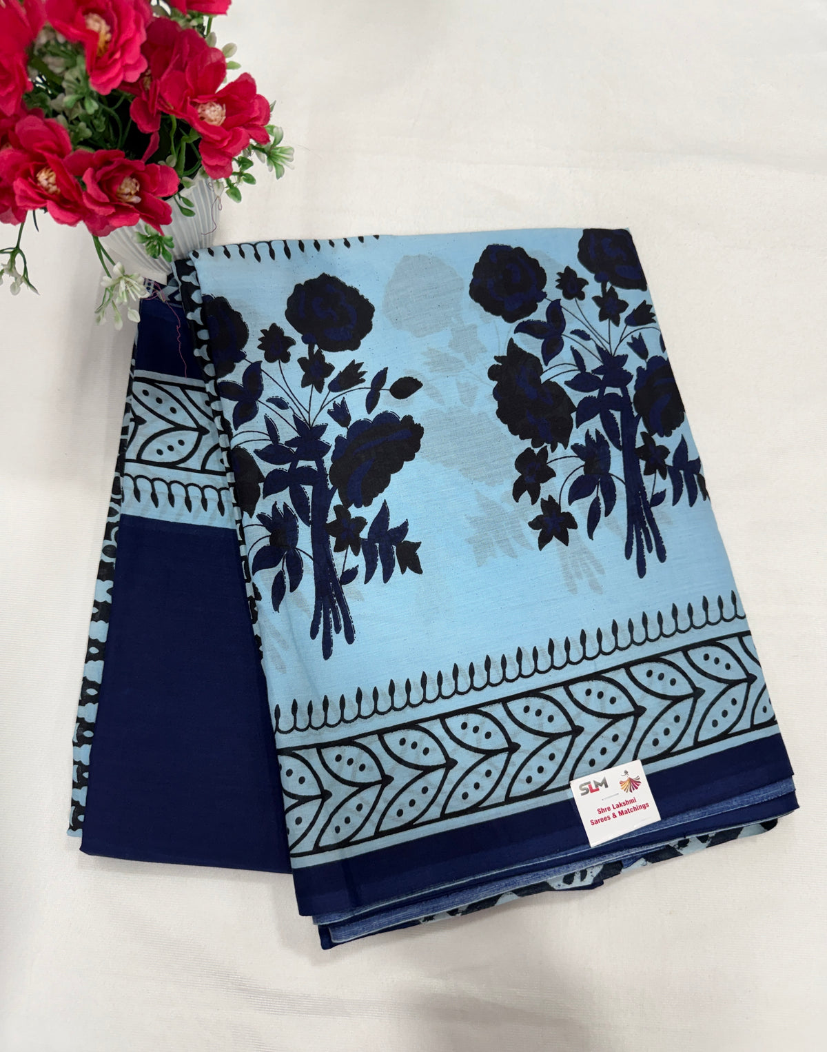 Cotton Saree SLM-CTN-0050 - Sky blue with a navy floral print
