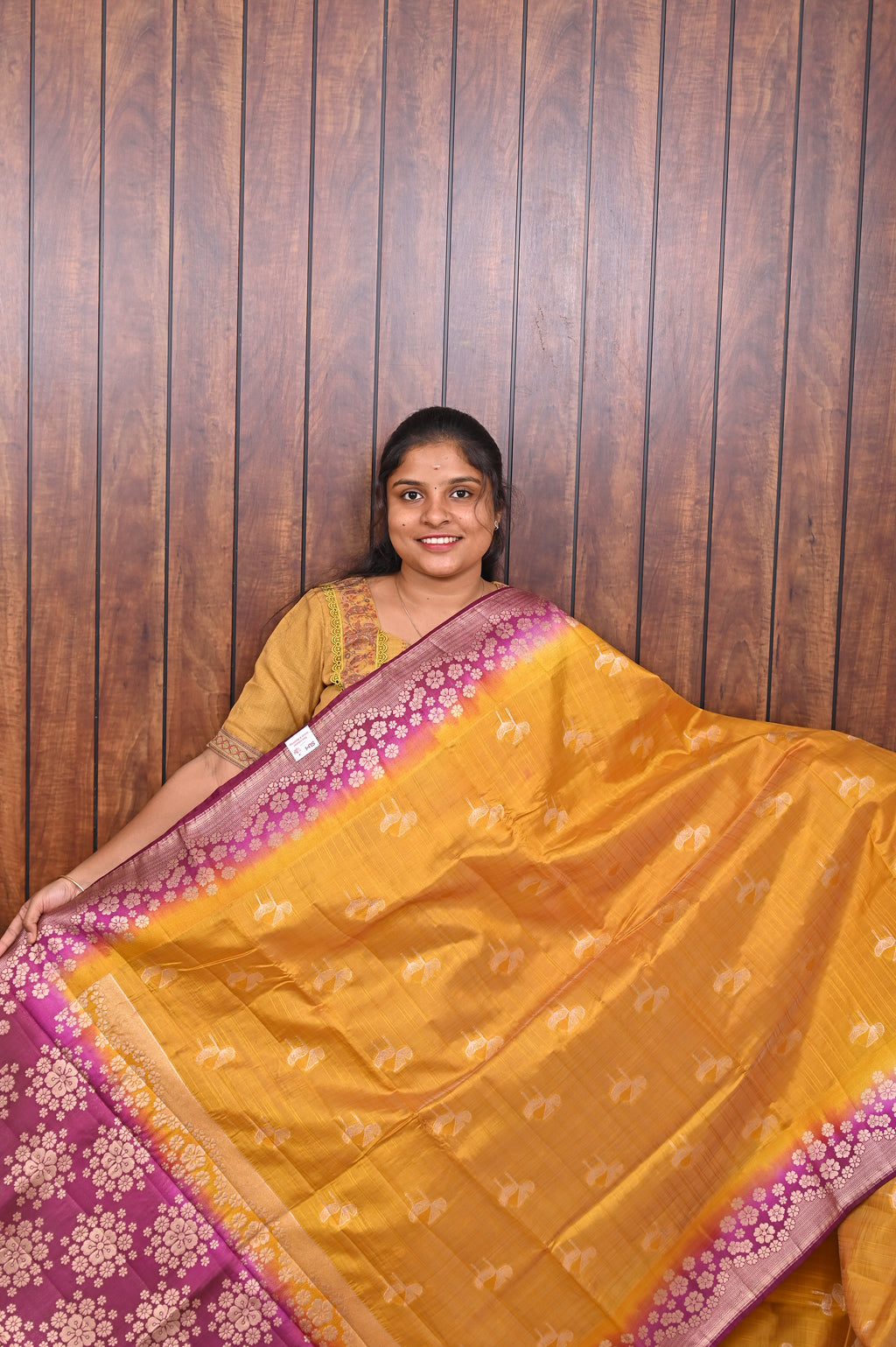 Function Wear Saree SLM-FWR-0008 - Mustard yellow with a magenta floral border - front view