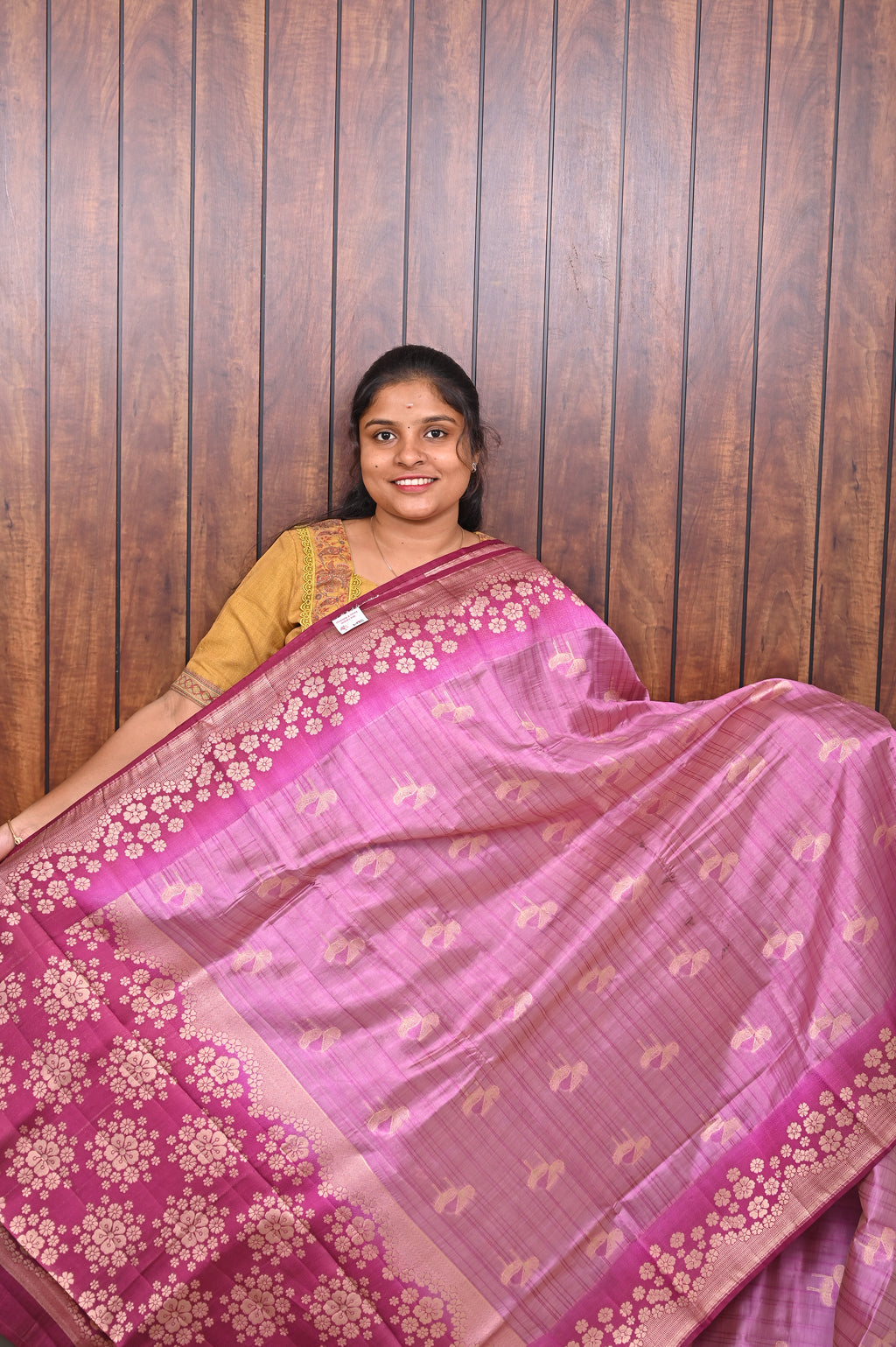 Function Wear Saree SLM-FWR-0009 - Pink with a magenta floral border - front view