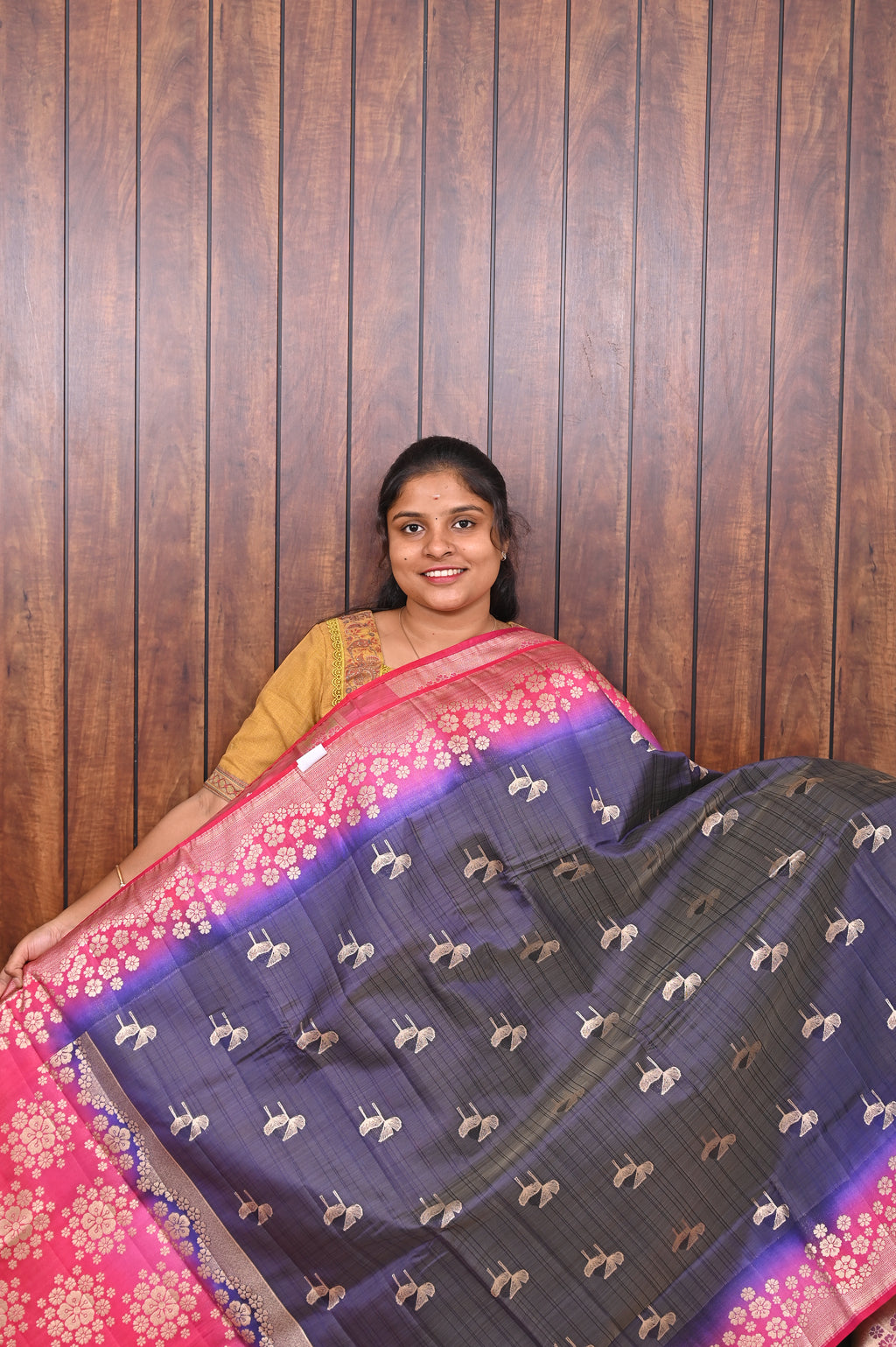 Function Wear Saree SLM-FWR-0010 - Navy blue with butta motifs and a pink border - front view