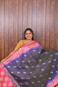 Function Wear Saree SLM-FWR-0010 - Navy blue with butta motifs and a pink border - front view