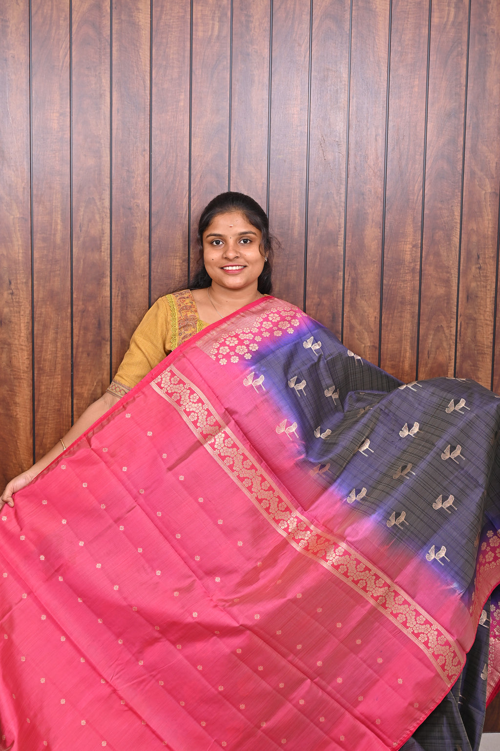 Function Wear Saree SLM-FWR-0010 - Navy blue with butta motifs and a pink border - second view