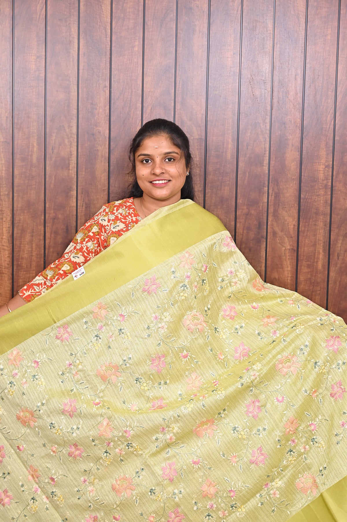 Function Wear Saree SLM-FWR-0011 - Pista green with an all-over floral print - front view
