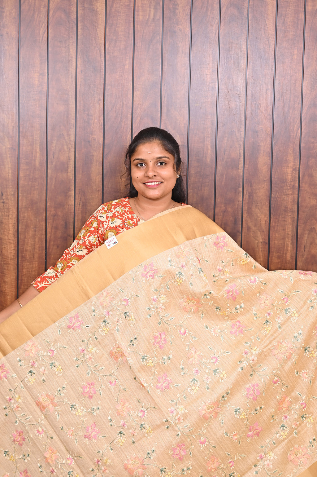 Function Wear Saree SLM-FWR-0013 - Cream with an all-over floral print - front view