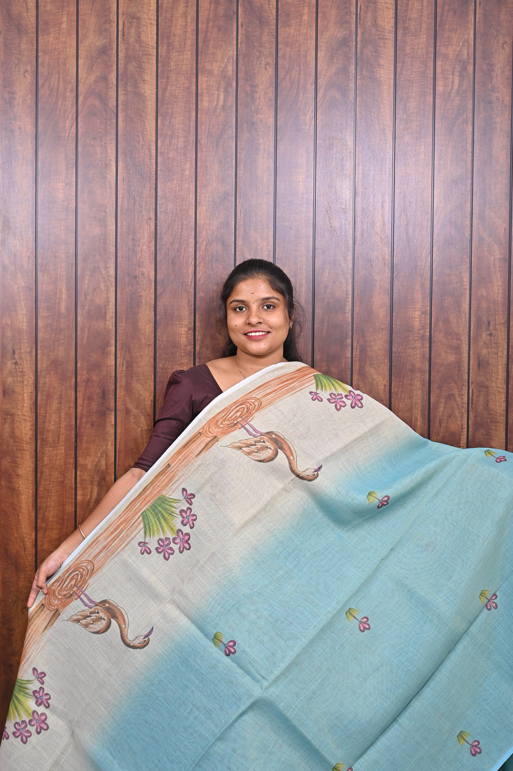 Function Wear Saree SLM-FWR-0015 - Sky blue with bird and floral motifs - front view