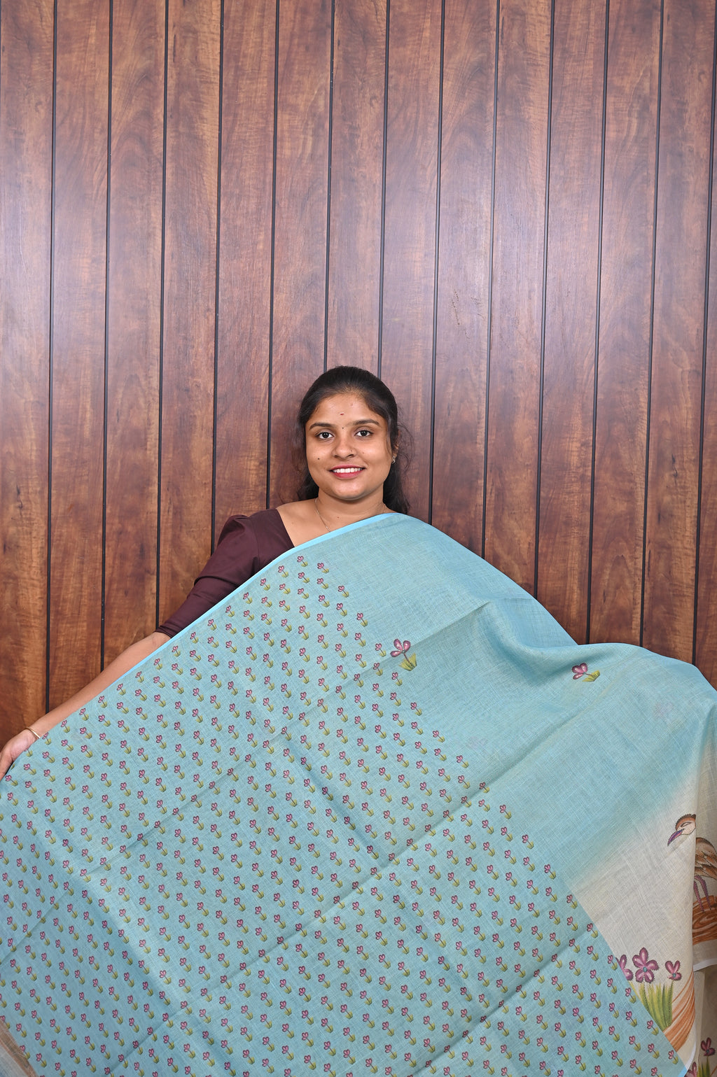 Function Wear Saree SLM-FWR-0015 - Sky blue with bird and floral motifs - second view