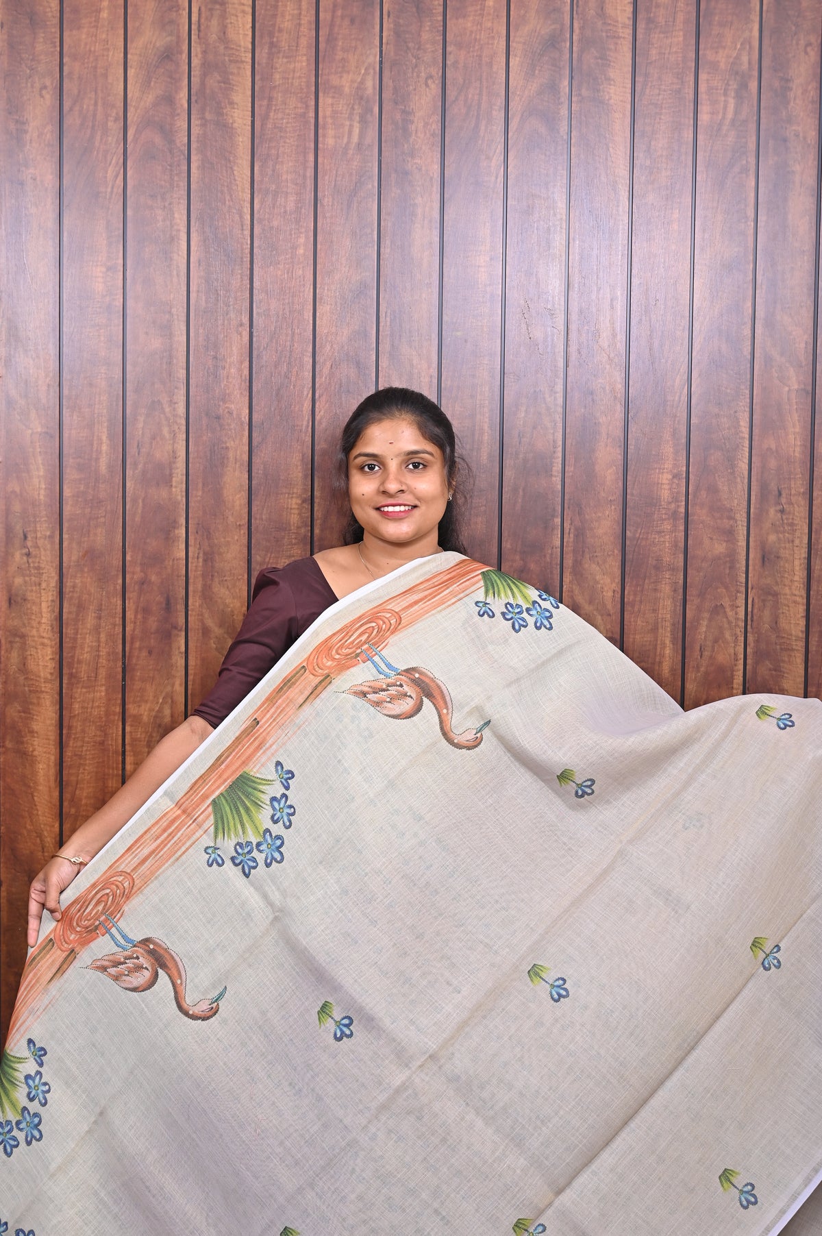 Function Wear Saree SLM-FWR-0016 - Off-white with bird and floral motifs - front view