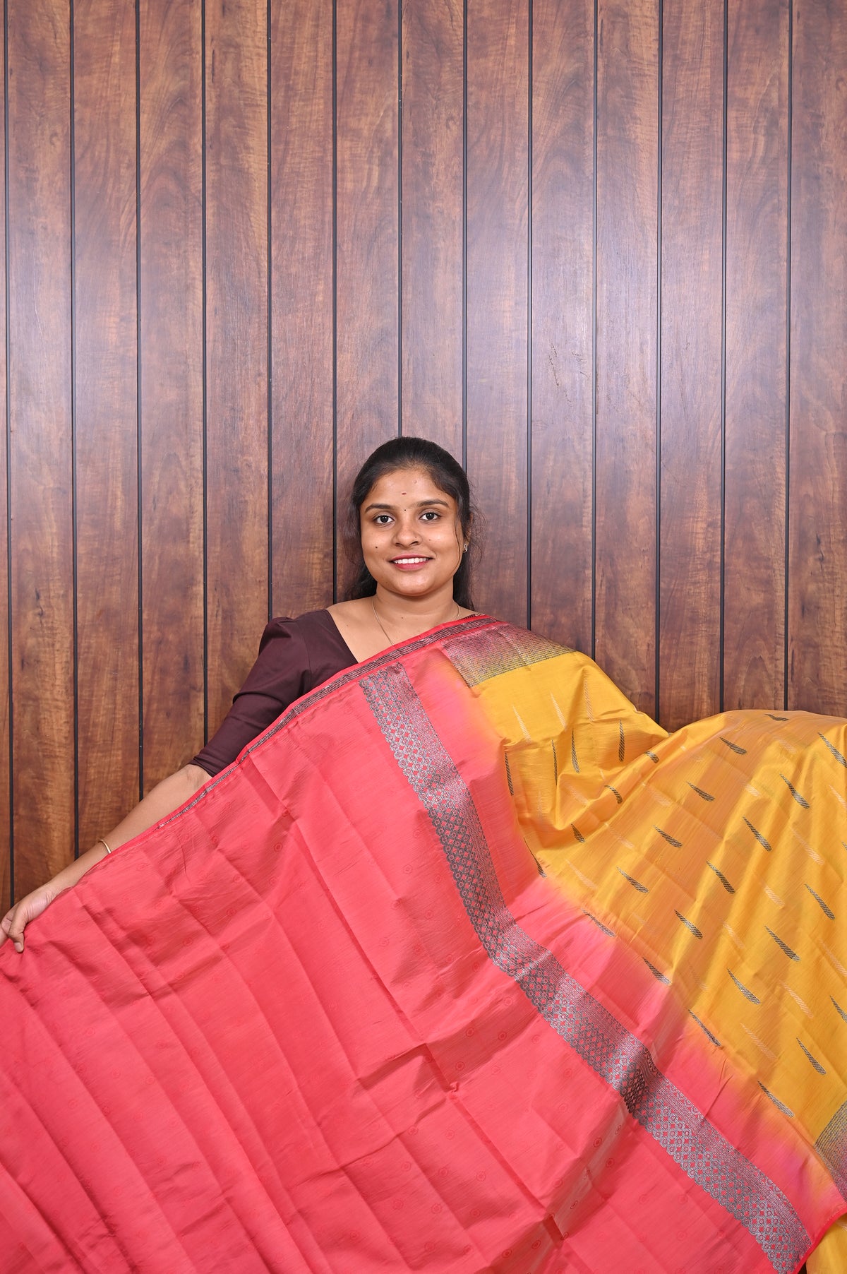 Function Wear Saree SLM-FWR-0018 - Mustard yellow with a pink border - second view