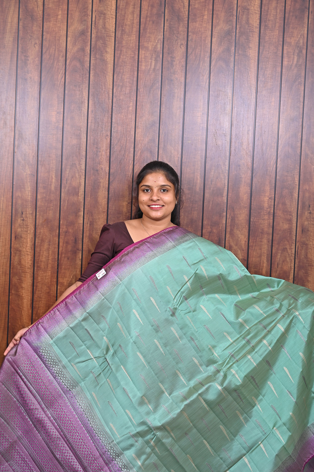 Function Wear Saree SLM-FWR-0019 - Mint green with a violet border - front view