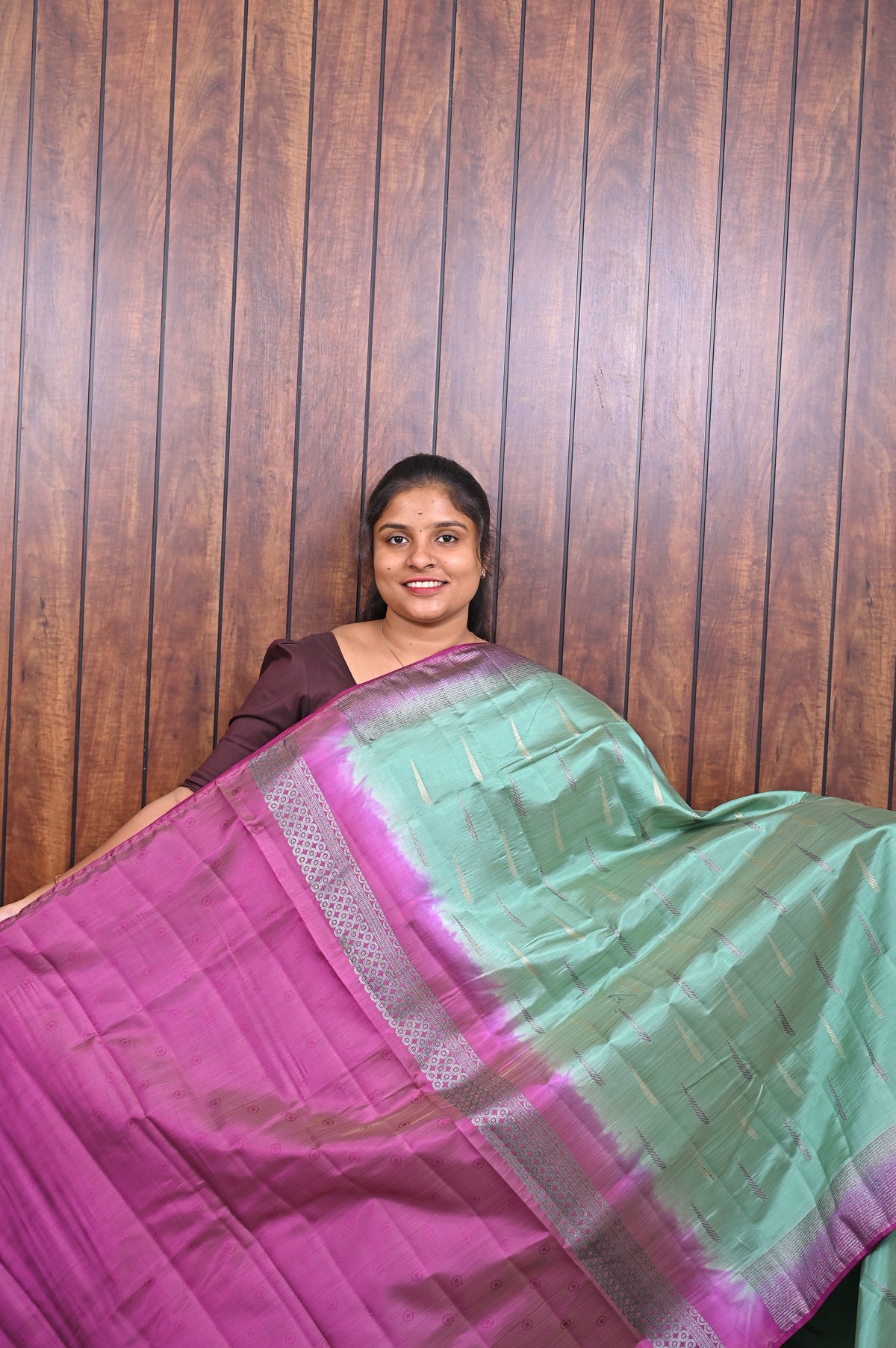 Function Wear Saree SLM-FWR-0019 - Mint green with a violet border - second view