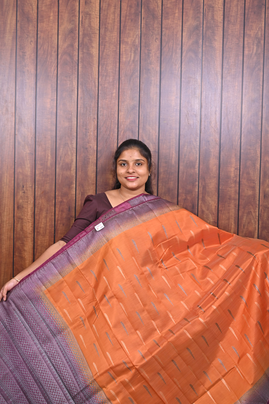 Function Wear Saree SLM-FWR-0021 - Orange with a purple border - front view