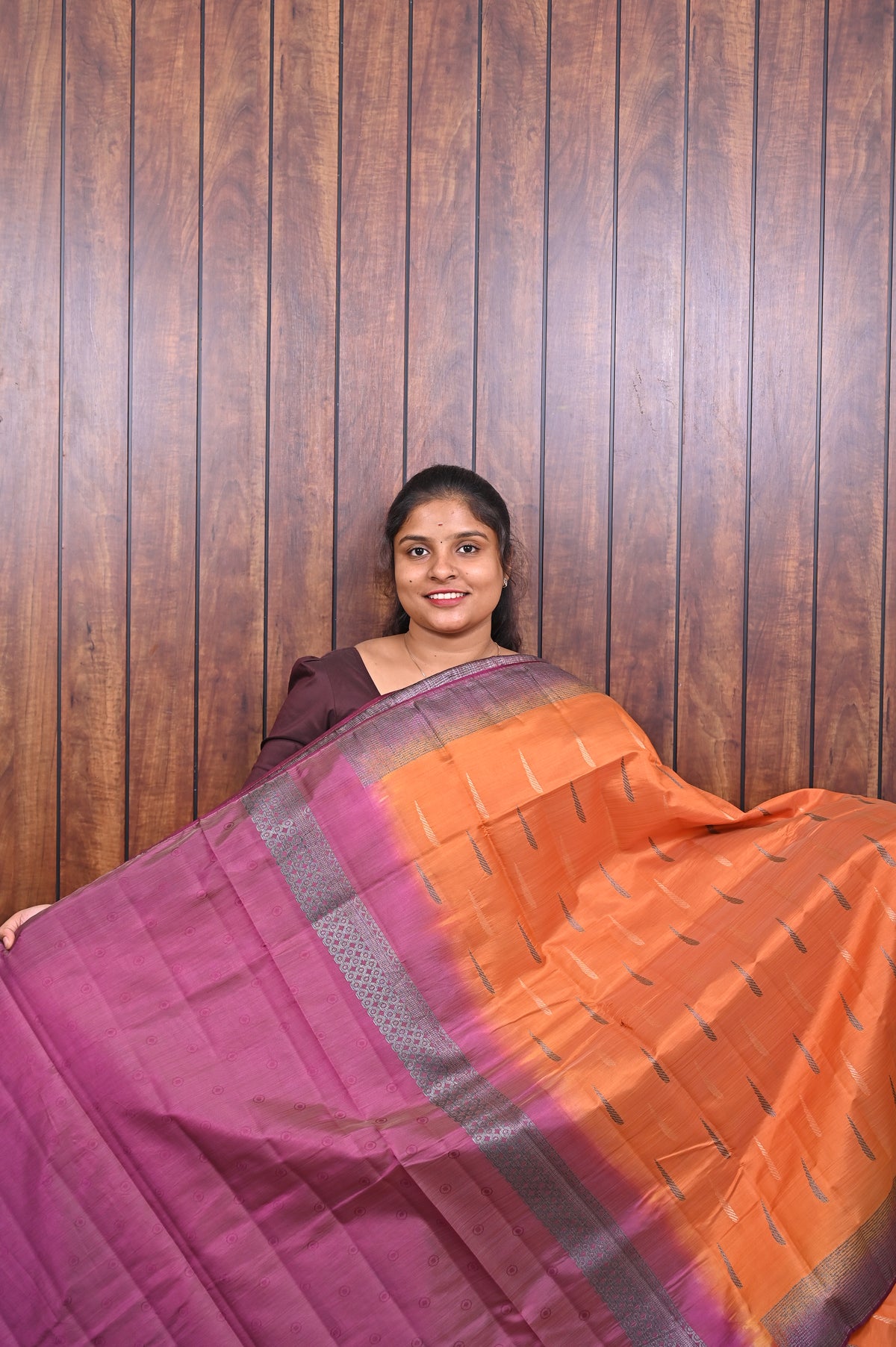 Function Wear Saree SLM-FWR-0021 - Orange with a purple border - second view