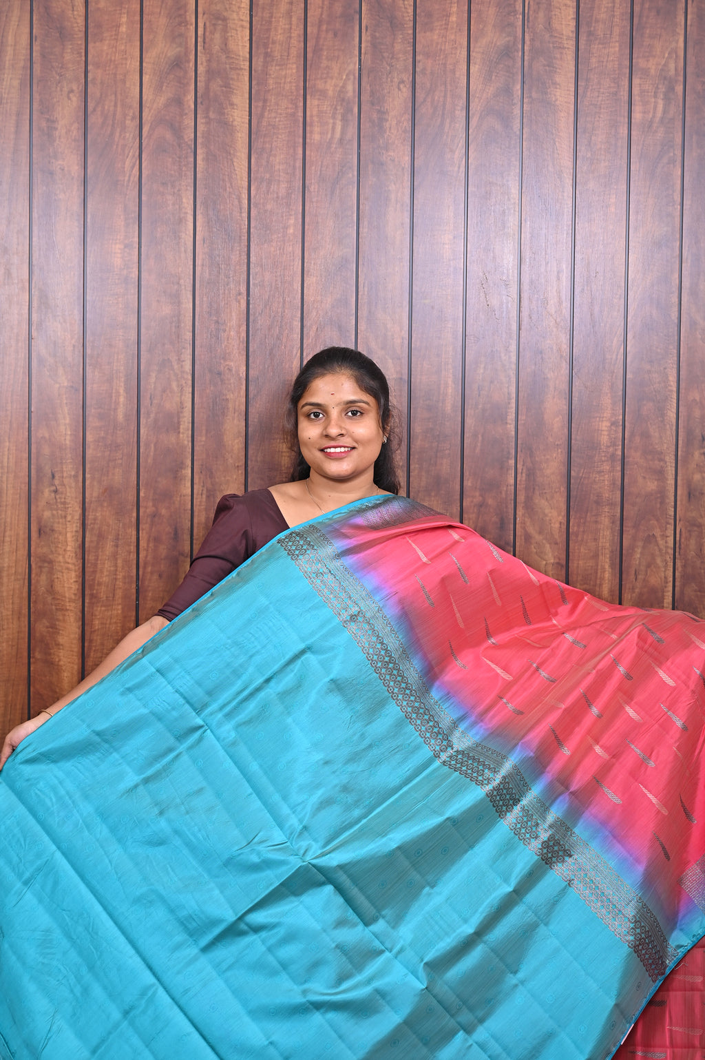 Function Wear Saree SLM-FWR-0022 - Rani pink with a blue border - second view