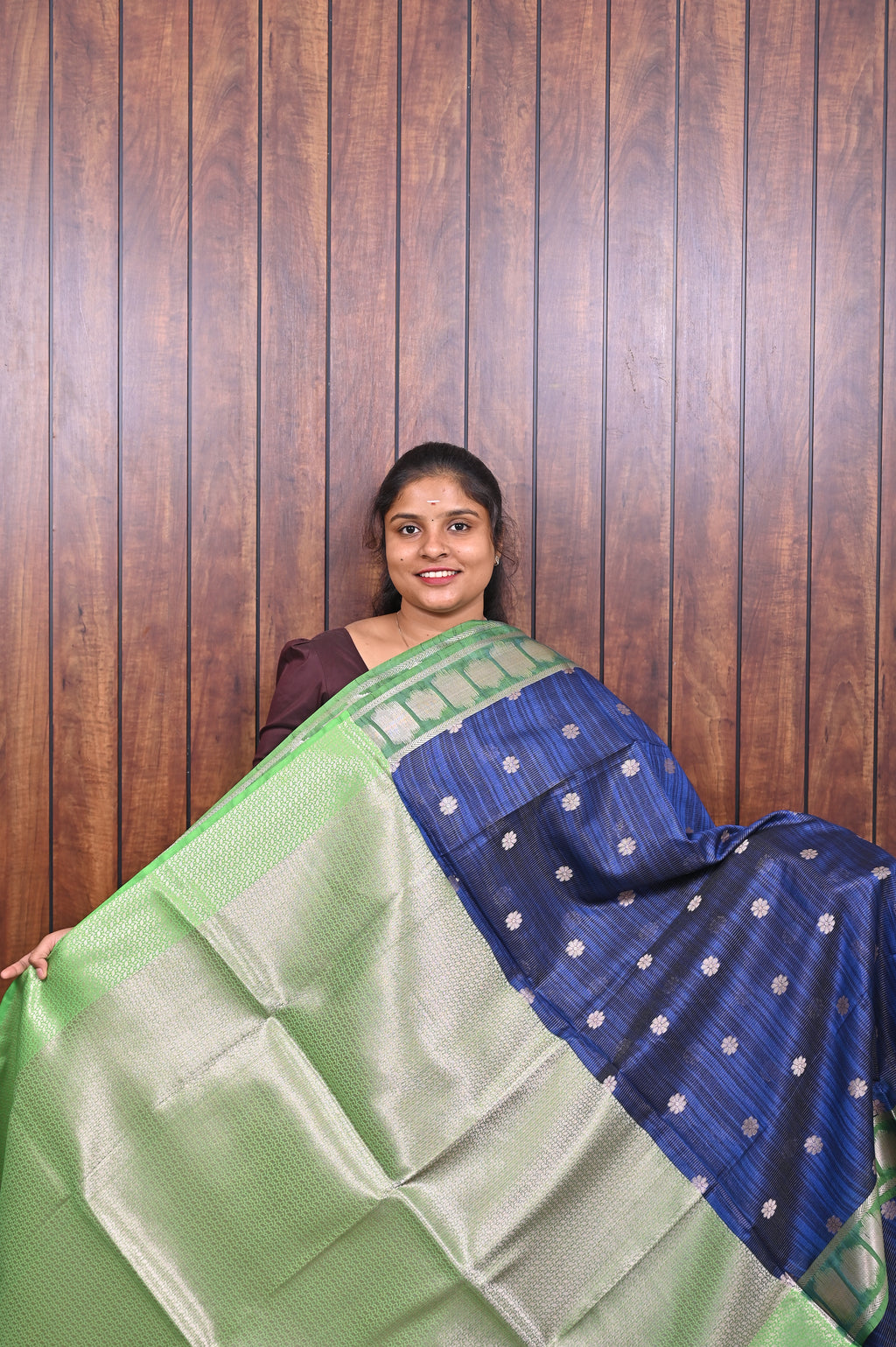 Function Wear Saree SLM-FWR-0023 - Royal blue with polka butta motifs and a green border - second view