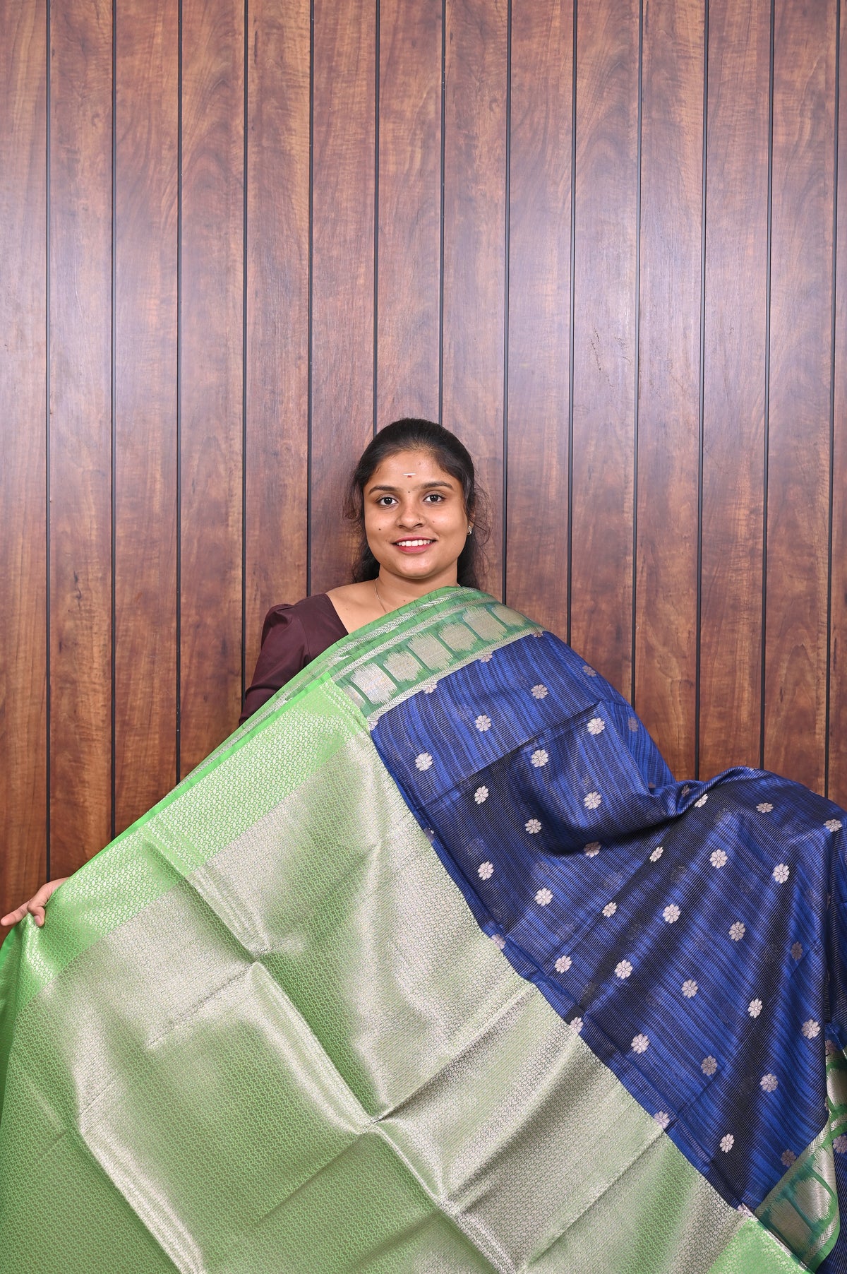 Function Wear Saree SLM-FWR-0023 - Royal blue with polka butta motifs and a green border - second view