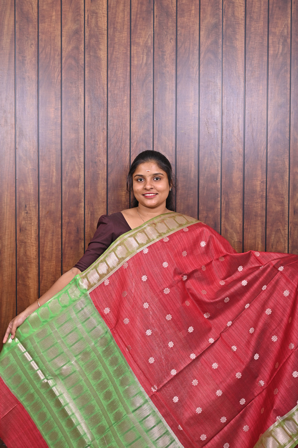 Function Wear Saree SLM-FWR-0024 - Red with polka butta motifs and a green border - front view