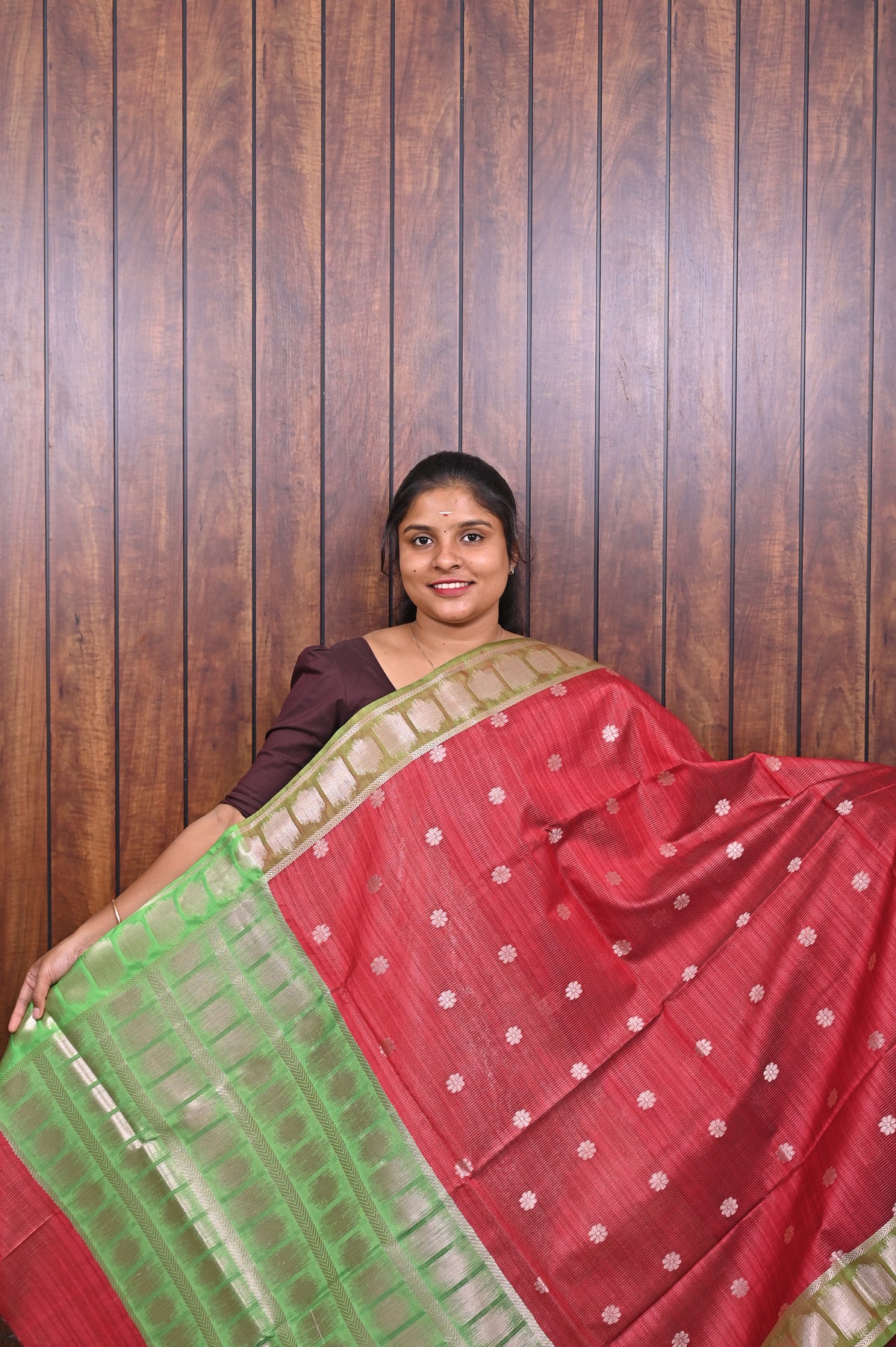 Function Wear Saree SLM-FWR-0024 - Red with polka butta motifs and a green border - front view