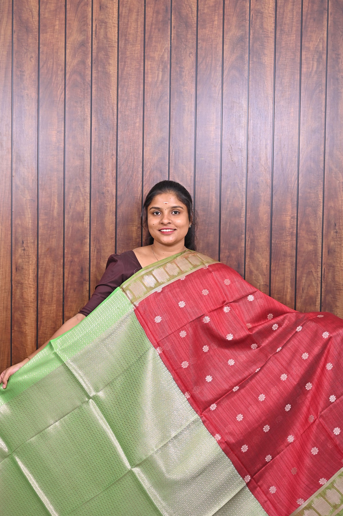 Function Wear Saree SLM-FWR-0024 - Red with polka butta motifs and a green border - second view