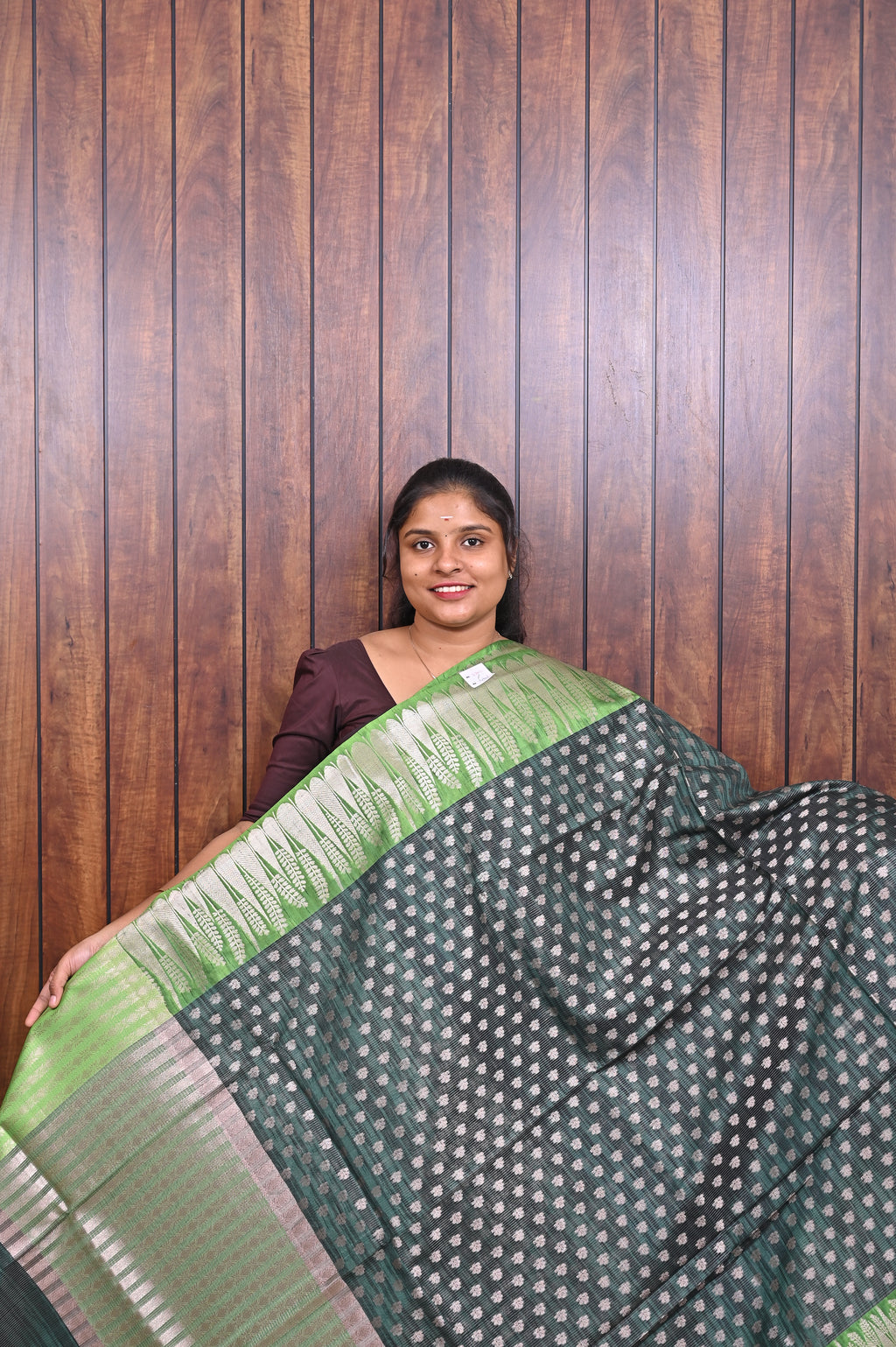 Function Wear Saree SLM-FWR-0025 - Bottle green with polka butta motifs and a light green border - front view